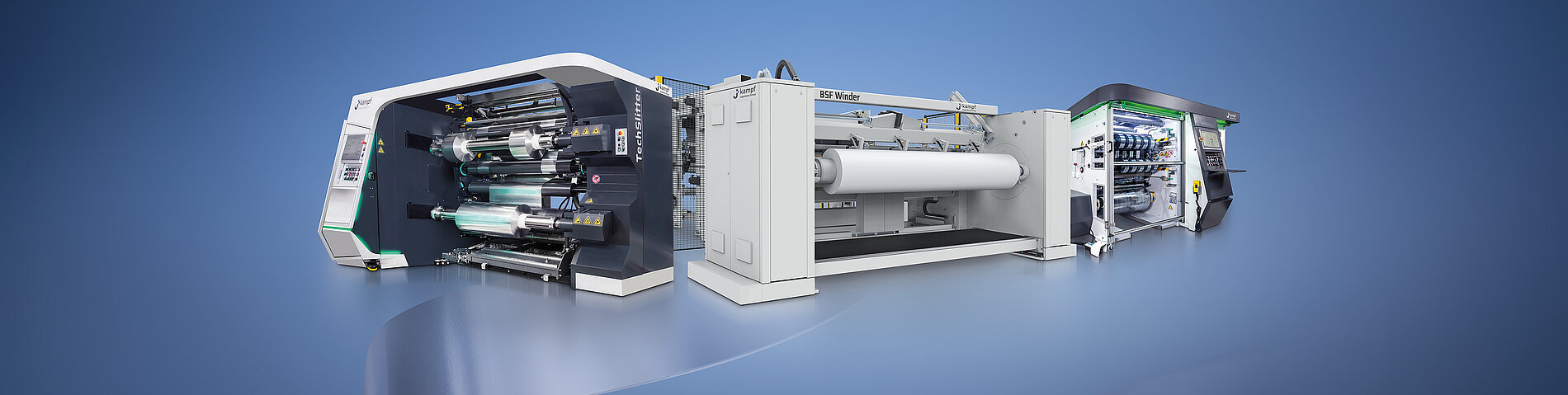 Modern roll slitting machines TechSlitter, MicroSlitter and BSFWinder from Kampf for slitting and rewinding flexible film rolls